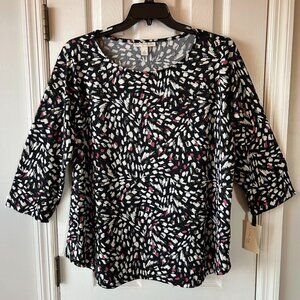 NWT Emaline 3/4 Sleeve Geometric Print Blouse Size3X Purple/Fuschia Black White